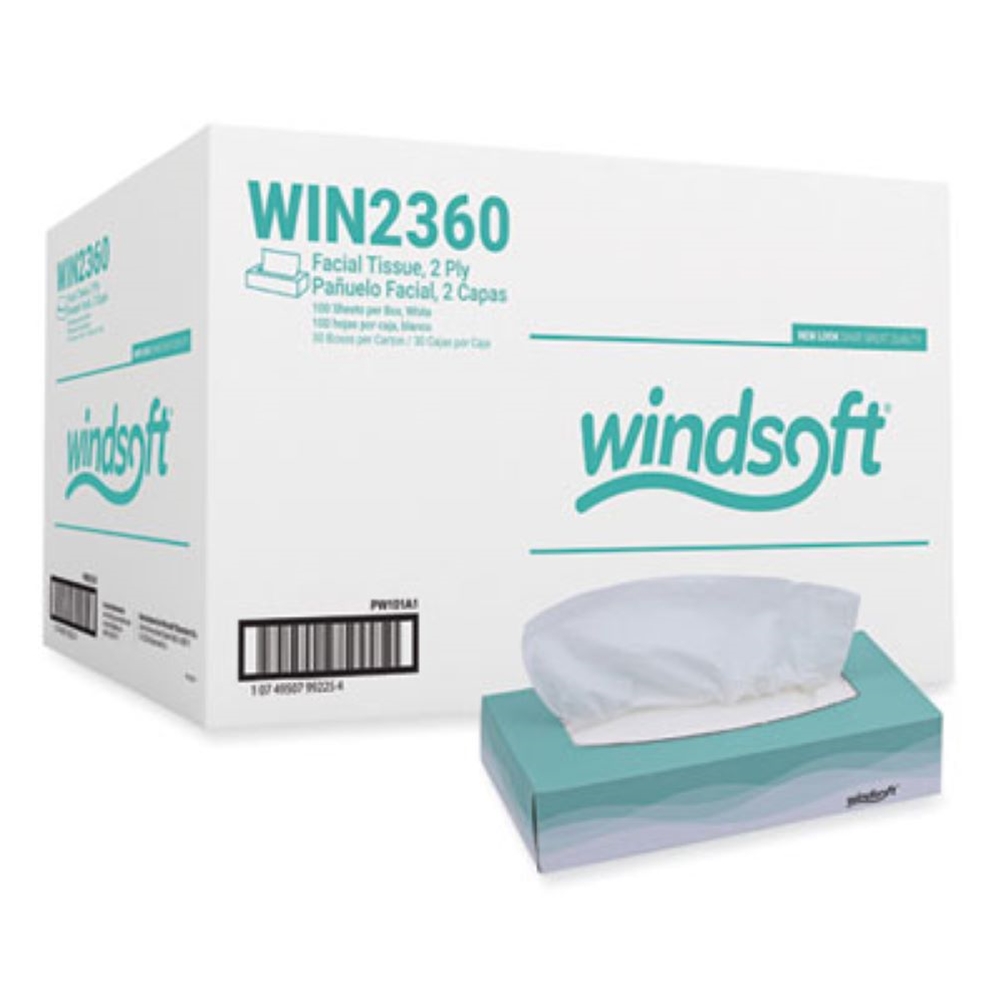 Windsoft, Facial Tissue, 2 Ply, White, Flat Pop-Up Box, WIN2360, 100 Sheets/Box, 30 Boxes/Case, Sold as case