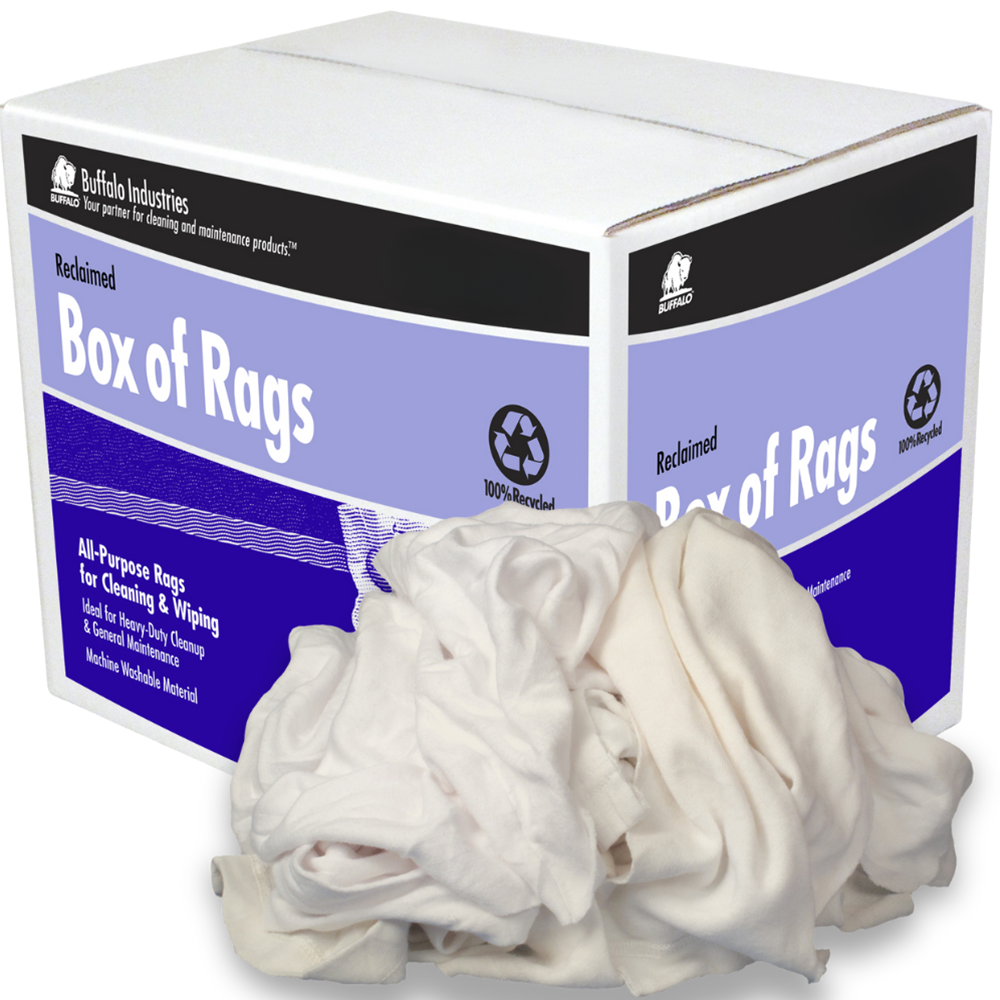 Off-white cotton t-shirt rags in a 25-lb Buffalo Industries box