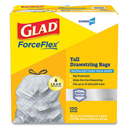 Glad, ForceFlex, Tall Kitchen Drawstring Trash Bags, 13 gal, 100 per Box, CLO70427